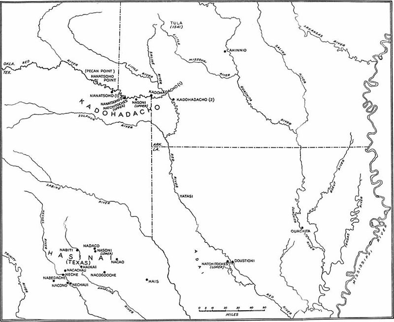 Anthropologist John Swanton's map showing the approximate locations of some of the named Caddo groups and villages
