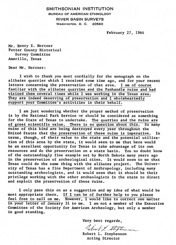 Letter from Smithsonian archeologist Robert L. Stephenson, one of many pleading the case for national monument status for the Alibates Quarry.