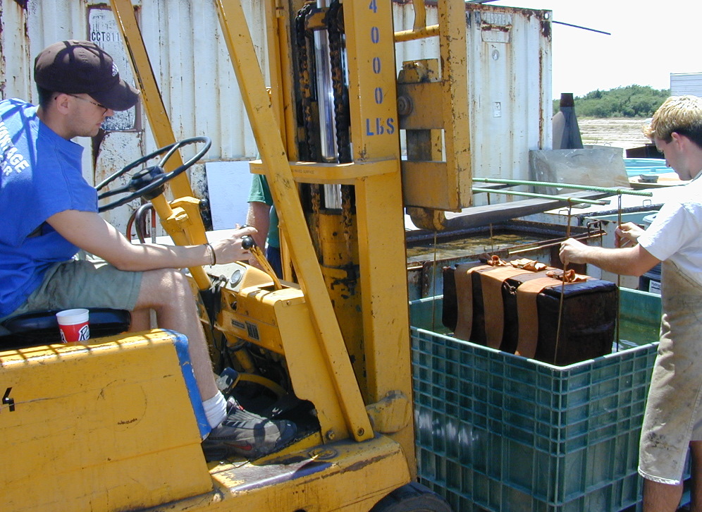 photo of the chest being carefully lifted from the water tank in which it was transported to the laboratory