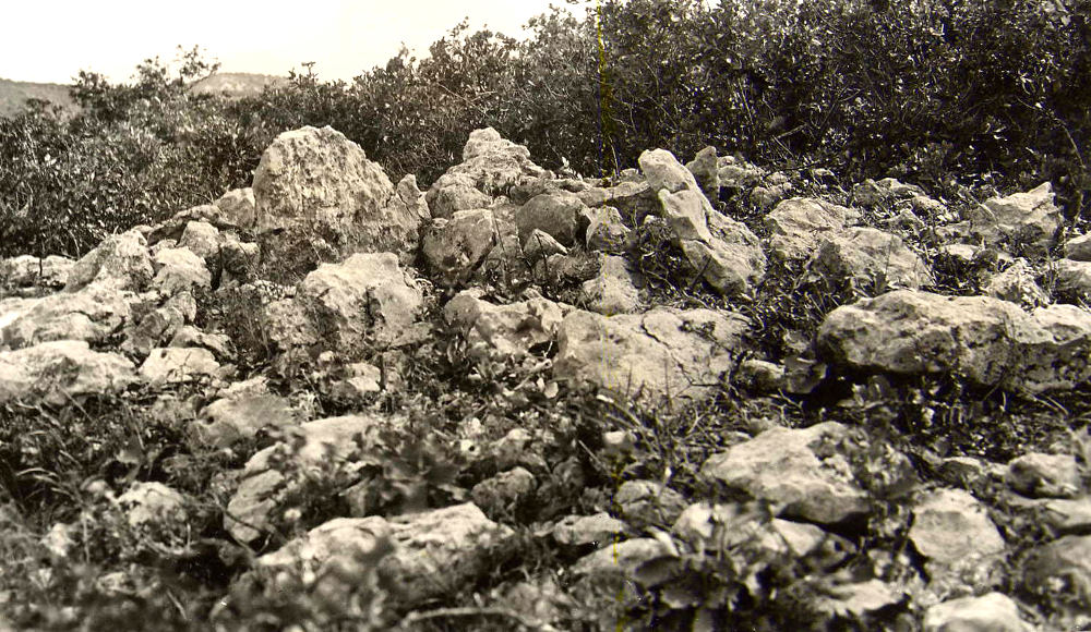 photo of large, vertically placed stones mounded to a height of 18 inches above the burial.