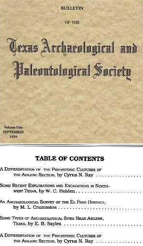 Table of contents from Volume One of the Bulletin of the Texas Archaeological and Paleontological Society, 1929