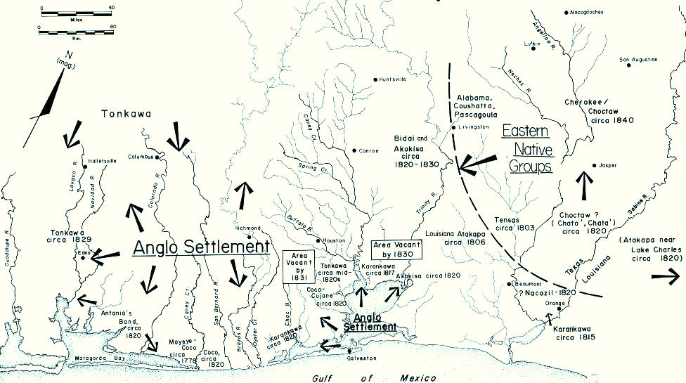 map by archeologist Lawrence Aten graphically depicting the movement of Native coastal groups