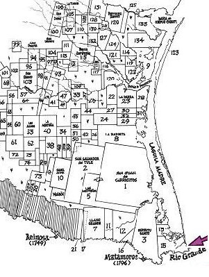 Map of Spanish ranchos sited between the Nueces and Rio Grande rivers