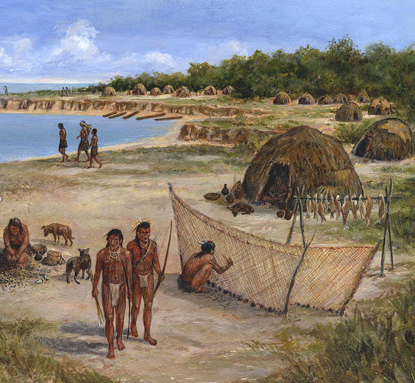 painting of a large Karankawa fishing camp