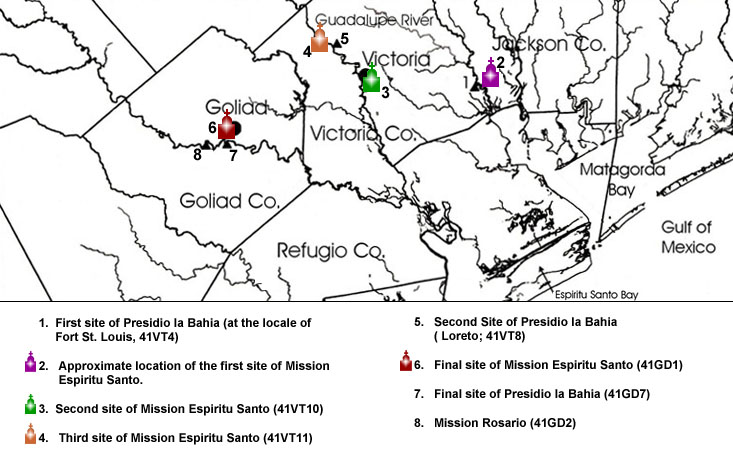 map of the locations of Mission Espiritu Santo
