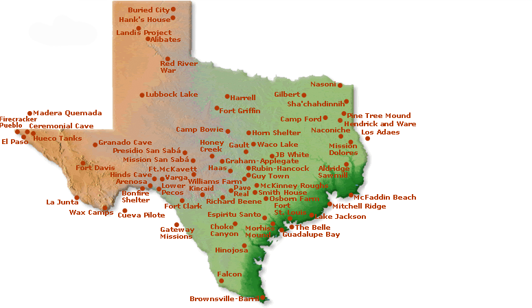 map of Texas with site names