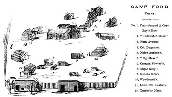 Original stockade at Camp Ford, as drawn by Col. A.J.H. Duganne, a Federal POW at the camp. The prisoners eventually built hundreds of structures at the camp-cabins, pithouses, and dugouts. Note that, according to map key, housing was according to mess assignment.