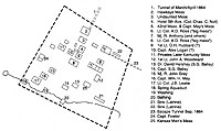 Escape attempts were periodically tried, perhaps as a salve for boredom at the camp. This sketch by a Union prisoner shows two of the approximate tunnel locations along with other camp structures. Dotted lines indicate stockade walls as defined by Texas A&M archeologists during investigations in 1997. Drawing courtesy of Alston Thoms.