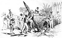 Civil War-era sketch of enslaved African Americans building a stockade similar to the one at Camp Ford. Drawing on file at Library of Congress.