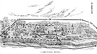 Camp Ford, shown in a period drawing of its later years, when houses lined the streets and a market area was constructed. A central thoroughfare in the camp was tagged, "Fifth Avenue." Drawing, courtesy of Alston Thoms.