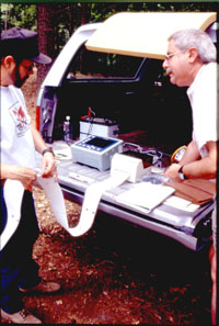 Data from ground-penetrating radar surveys was printed out onsite and examined for clues to underground features. Photo by Steve Black.