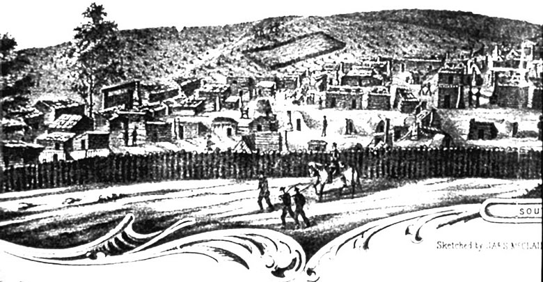 Period scene of Camp Ford, the picket stockade, and the crude hillside huts that served as houses. Drawing, courtesy of Alston Thoms.