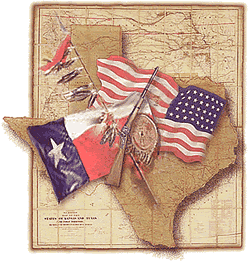 map of texas with Texas and US flags, a gun, and a feathered object superimposing it