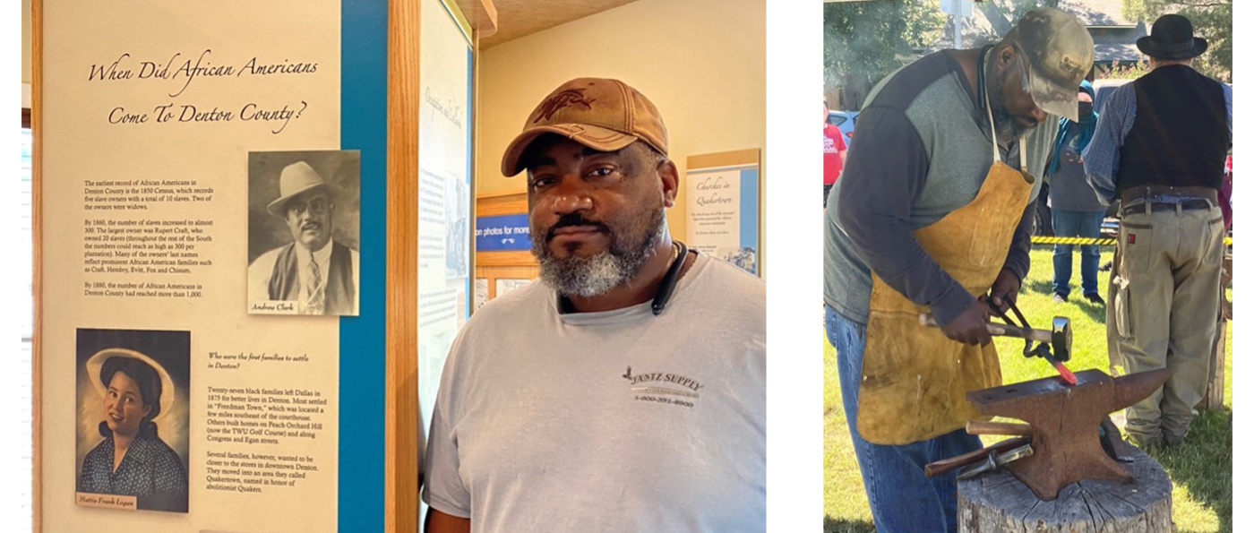 two side by site color photos of the same man. On the left, he stands next to a museum exhibit panel titled, 
