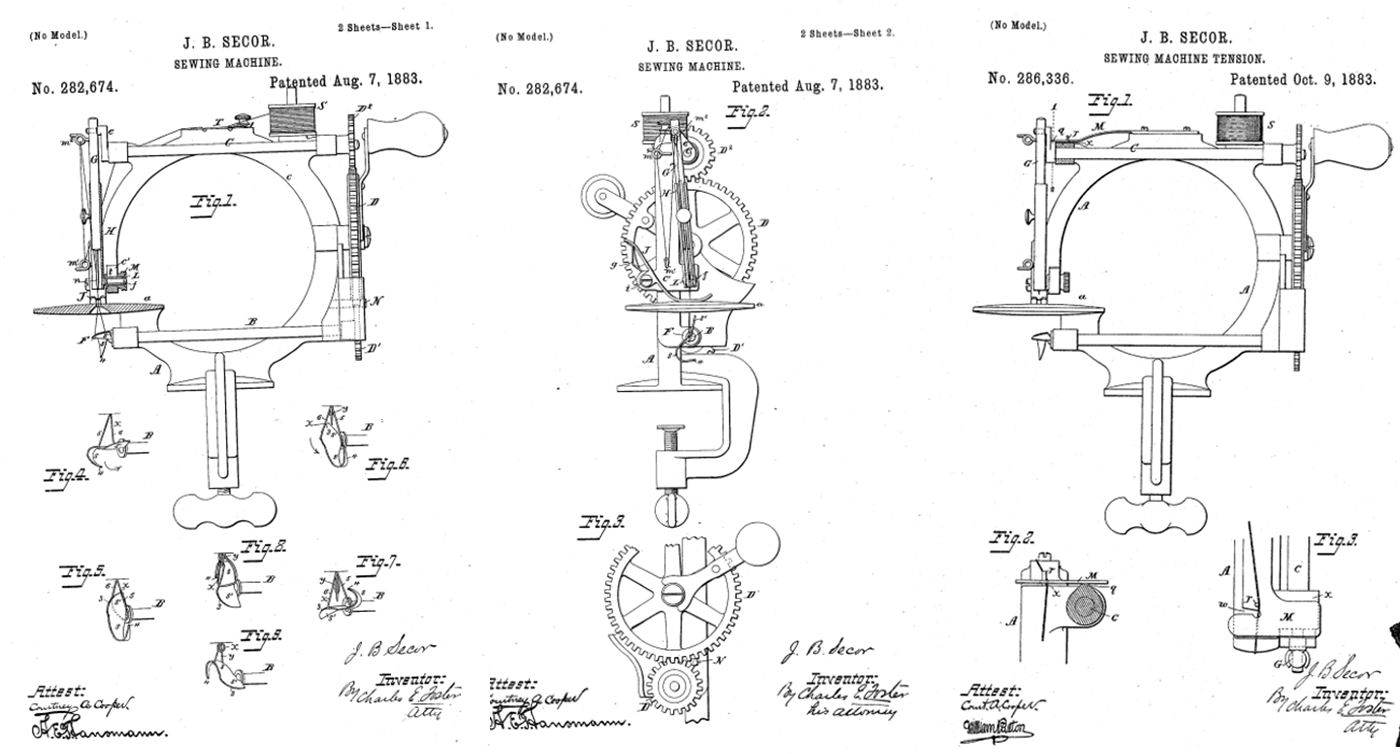 three black and white patent drawings of the Secor Fairy sewing machine