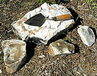 Nodules of flint from near the Gault site. The flint at Gault is shiny and gray with distinctive whispy gray inclusions. In many of the pictures, the Clovis artifacts look yellow or orange—they are iron-stained by prolonged contact with iron-rich groundwater.