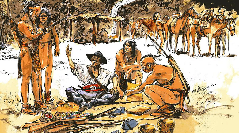trading session between a French trader and his Caddo partners and trading session between a French trader and his Caddo partners and