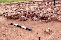 House 1 central hearth after cross-sectioning. Photo by Chuck Hixson.