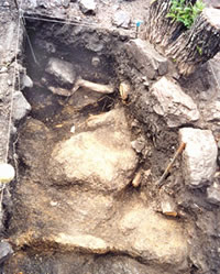 Central pit in midden, with large rocks lining interior. Photo by Gene Schaffner.