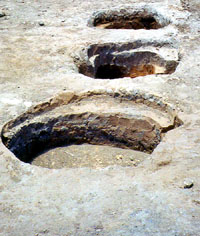 Privies were often placed along the back of property lots, near alleyways. In Austin, unlike larger cities such as San Antonio or Houston that had strict sanitation ordinances, most privies were shallow, unlined, and foul-smelling affairs that required frequent clean-out, or replacement. Here, a line of shallow, excavated privies is shown. These privies served the residents at the Susan Morgan boarding house.