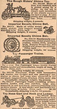 A look at some of the toys advertised in the Fall 1900 Sears, Roebuck, Inc. Catalog. Although children in rural areas sometimes made do with homemade toys, some of the toy parts found at the Haas house were mass-produced items, either purchased in town or by catalog. Photo by Elizabeth Andrews.