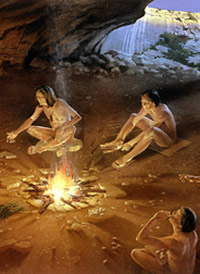 Artist's depiction of an evening scene inside a cave
