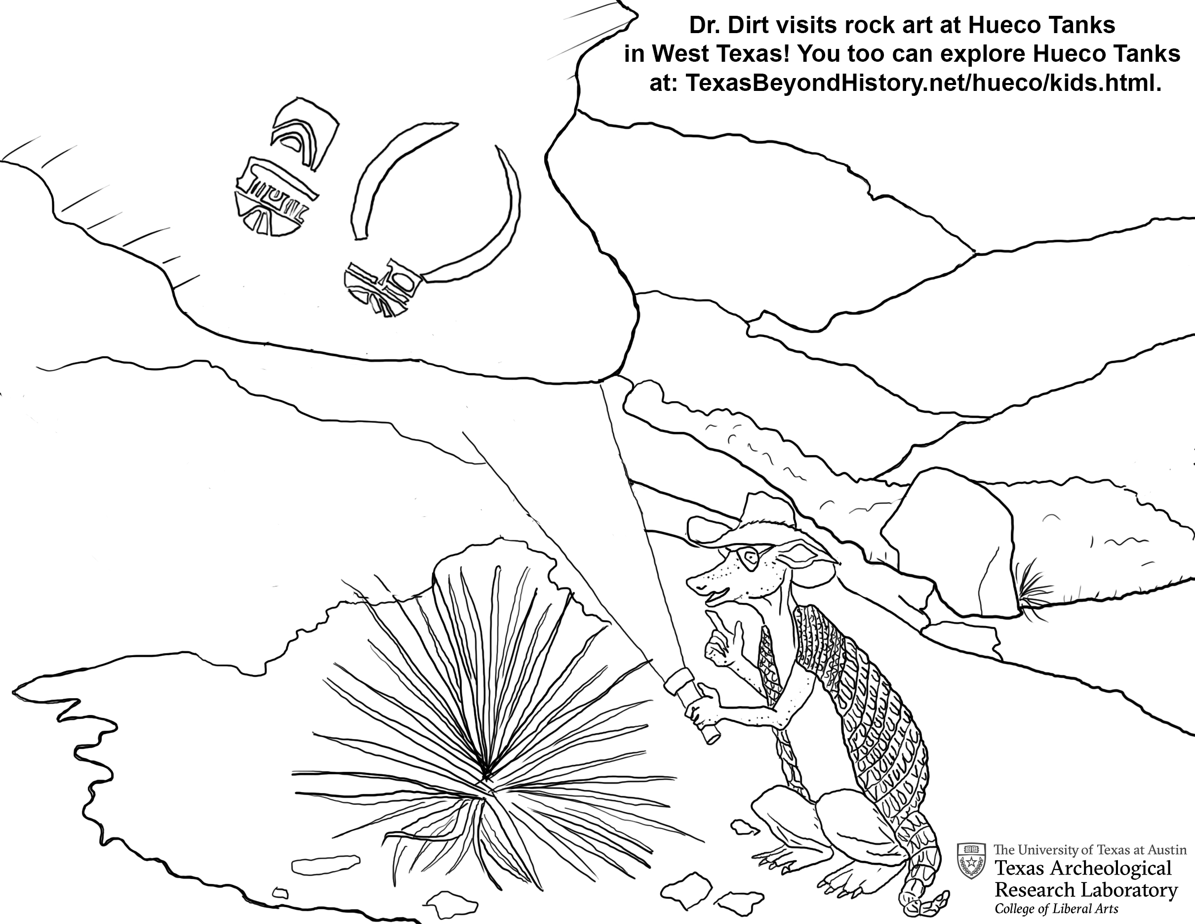 black and white drawing of armadillo holding a flashlight and rock art faces under a rock overhang