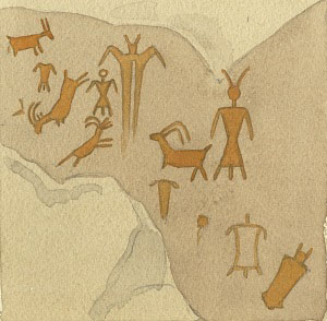 Painting of a scene with animals and geometrically shaped figures by Forest Kirkland