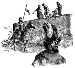 drawing of natives laughing at Spanish entering La Junta