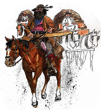 Buffalo Hunter with wagons behind him