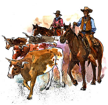 Dusty Cowboys herding cattle