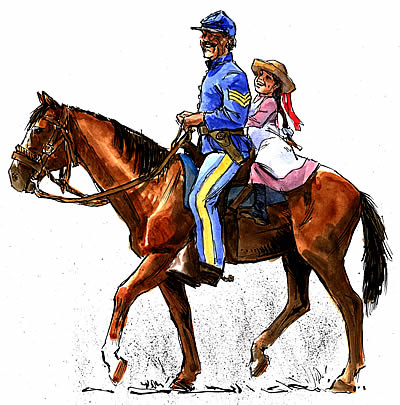 Sallie Reynolds, on horseback with Quartermaster Sergeant Stackhouse