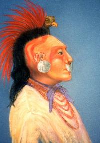 A Caddo man in bird headdress as visualized by artist Reeda Peel. The painting is based on a description of Caddo men in state dress for a meeting with General Manuel Mier y Teran, who headed a Mexican boundary commission sent by Santa Anna in 1828. Painting courtesy of the artist.
