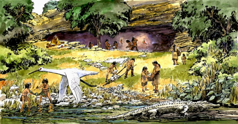 Illustration by artist Charlie Shaw depicting an ancient scene at Kincaid Shelter with Indians engaged in an array of activities