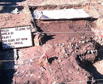 A hard-won hearth, exposed and documented by photographer Norman Flaigg's crew. This rather amorphous cluster of fire-cracked caliche nodules is the scattered remains of a prehistoric cooking fire. 