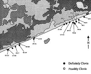 map showing plotted locations of Clovis artifacts