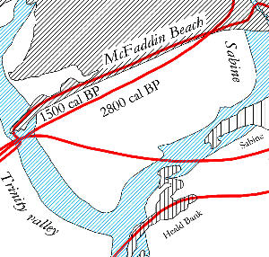 A more detailed view of the approaching shoreline from the early Holocene to the present.