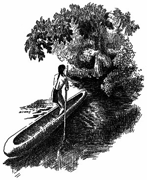 Image of Atakapa-speaking man poling a dugout canoe along the upper Texas coast.