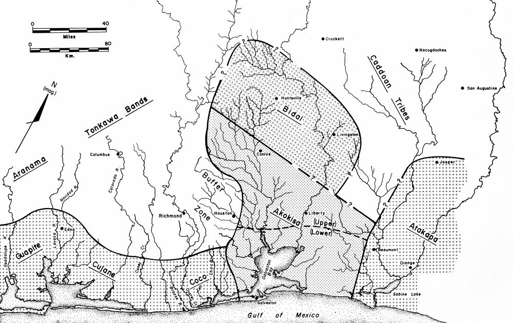 Image of territories of native groups of the upper Texas coast in the early 18th century.