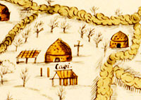 Closeup of Teran map depiction of house of the Caddi, or chief, at the Upper Nasoni village, circa 1691.