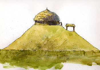 Temple on top of mound (side view) circa 1690, as drawn by artist Charles Shaw.