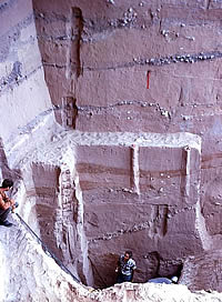 In its lower reaches, the Pecos River carved a deep canyon entered by many side canyons. This photo was taken during the 1966 excavations at Arenosa Shelter, which is visible in the center of the picture. Today this area is choked by massive silt deposits that have built up since Amistad Reservoir was formed. Photo from ANRA-NPS Archives at TARL.