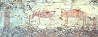 The dark band obscuring some of the Red Monochrome pictographs at Painted Rock Shelter is the high-water mark left by repeated, though infrequent floods. Photo by Steve Black. 