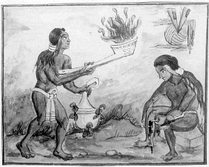 Illustration from the Durán codex showing an Aztec priest piercing his skin with a maguey spine while another priest burns incense.