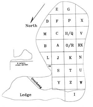 Plan map of the 1997 and 1998 excavations of the cave. 
