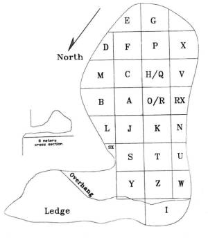 Plan map of the 1997 and 1998 excavations of the cave. 