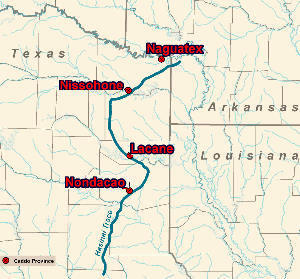 Map showing the route of the Hasinai Trace through northeast Texas