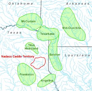 Map of the Nadaco Caddo territory in relation to other contemporaneous Caddo archeological phases