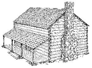 sketch of a small, single-pen log cabin with a central doorway opening onto a porch and a side-gable chimney on the right side
