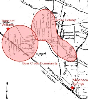 Map of approximate locations of the rural Bear Creek and Rose Colony settlements